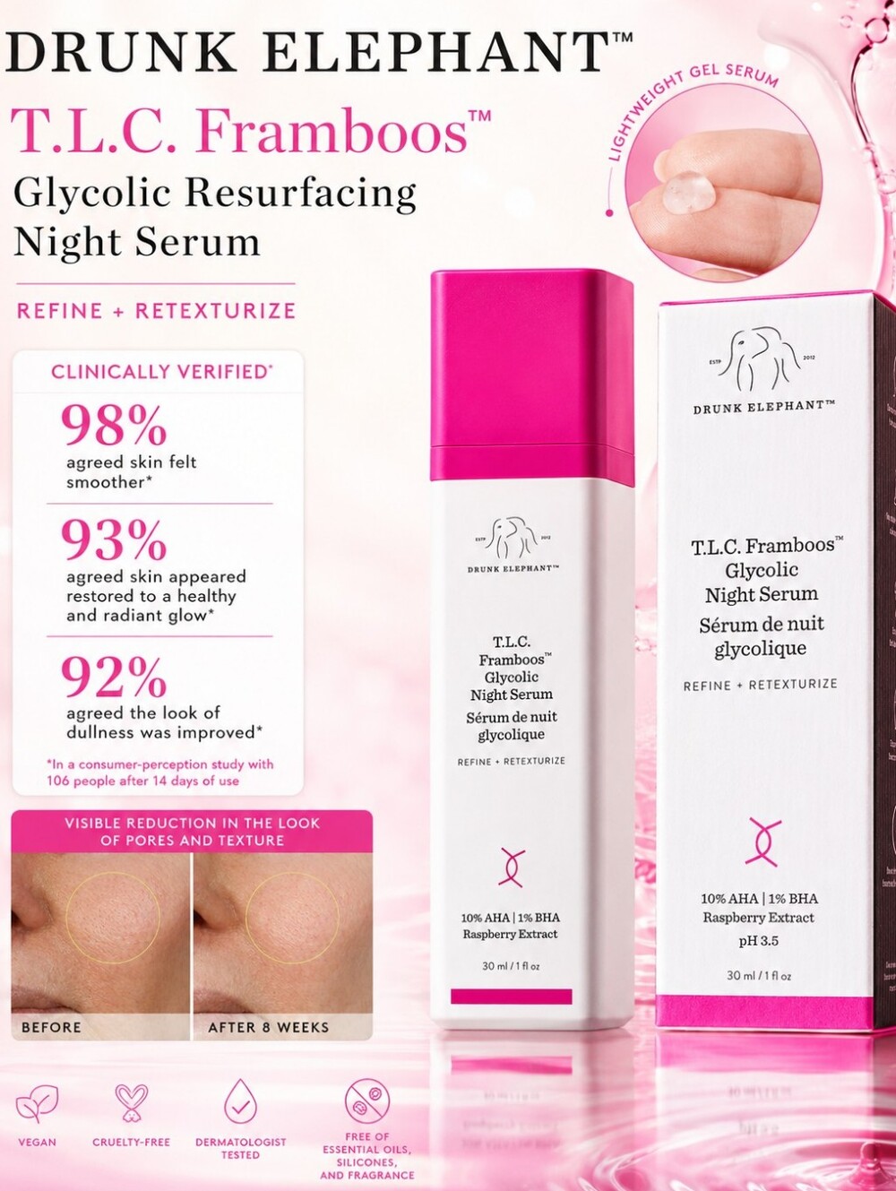 Drunk Elephant T.L.C. Framboos Glycolic Resurfacing Night Serum – 30 mL